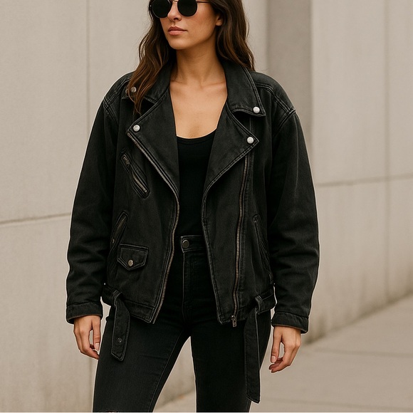 Free People We The Free Oversized Moto Jacket Black Distressed Grunge XS - Picture 1 of 6